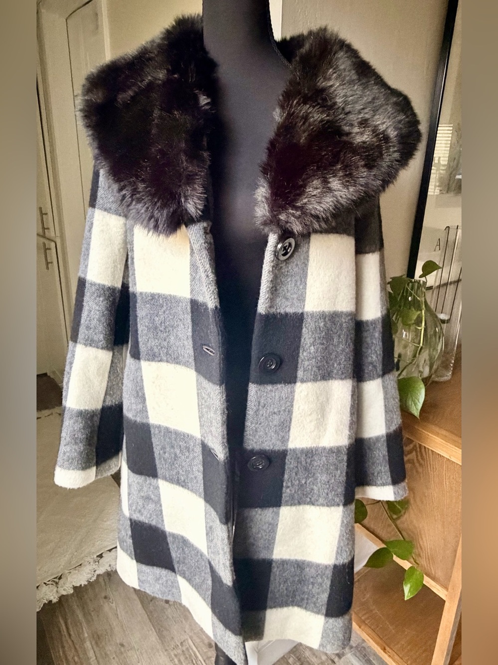 Kate Spade Checkered Plaid Wool Coat with Removable Faux Fir Trim - Size Medium